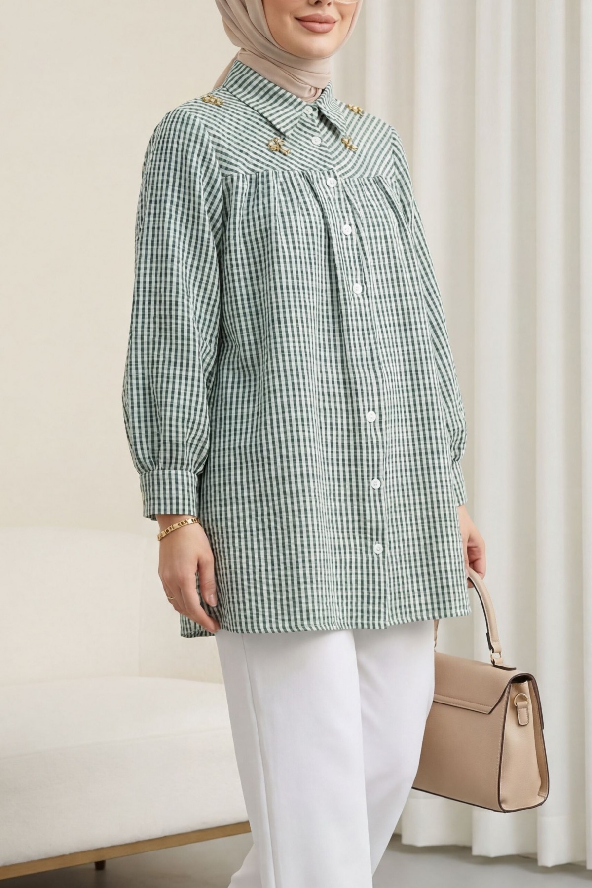 Striped Shirt with Stone and Bead Detail on Top -Black