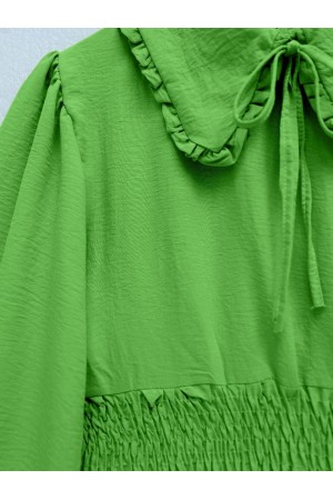 Baby Collar Long Sleeve Blouse with Elastic Waist  -Green