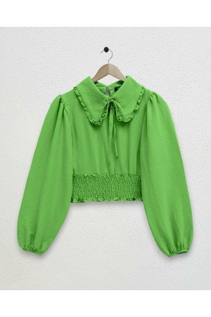 Baby Collar Long Sleeve Blouse with Elastic Waist  -Green