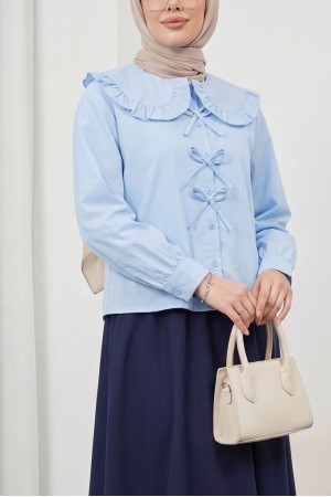 Bebe Yaka Kurdele Detaylı Gömlek  -Bebe Mavi