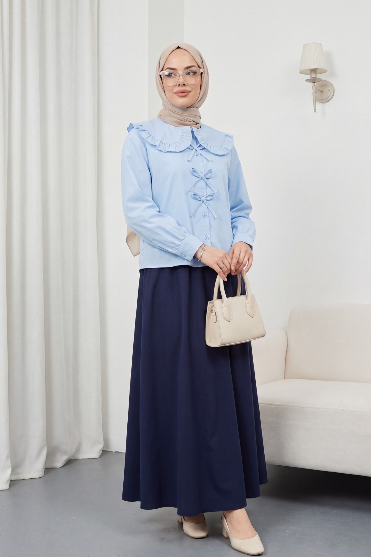 Baby Collar Ribbon Detailed Shirt -Baby Blue