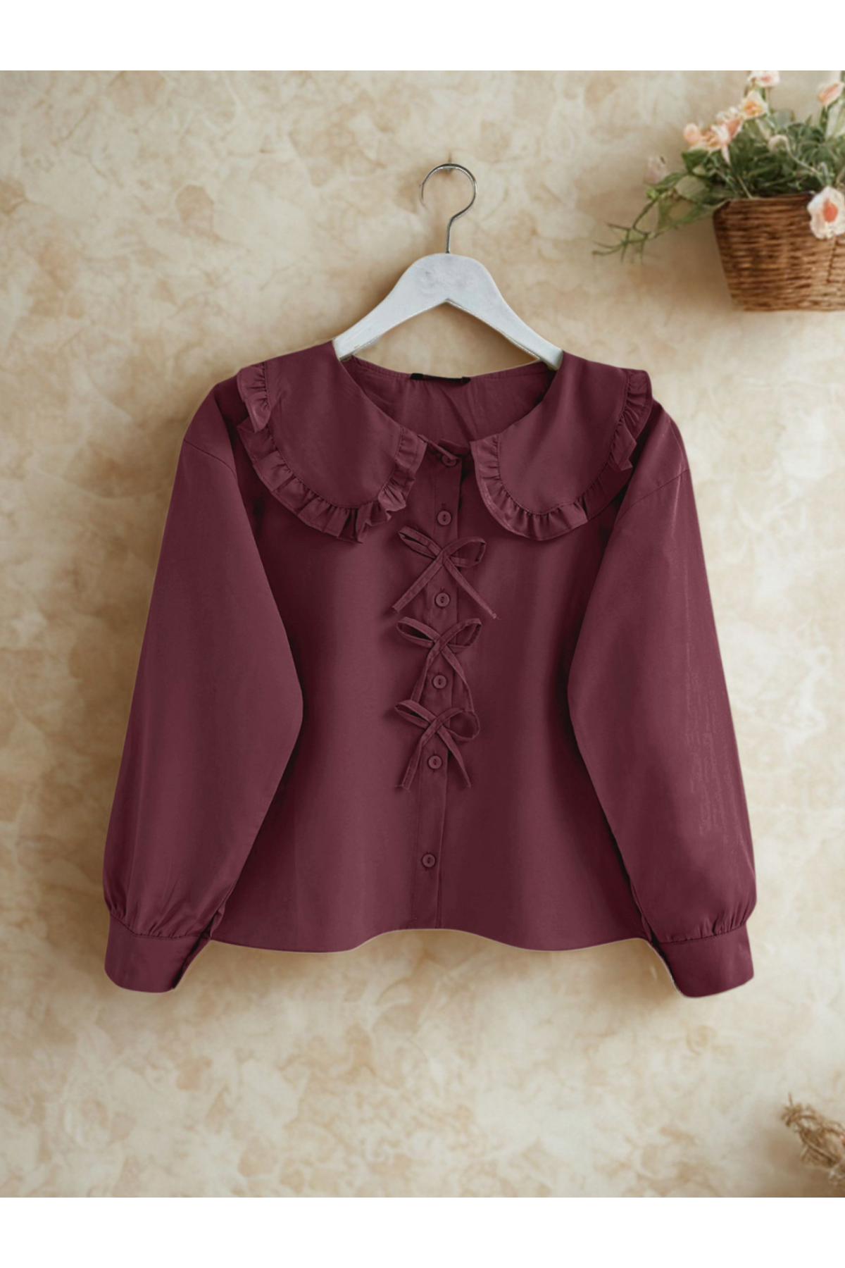 Baby Collar Ribbon Detailed Shirt -Maroon
