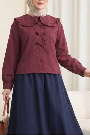 Bebe Yaka Kurdele Detaylı Gömlek  -Bordo