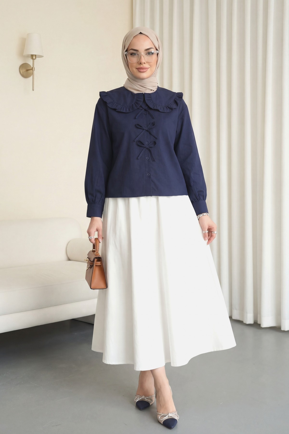 Baby Collar Ribbon Detailed Shirt -Navy blue