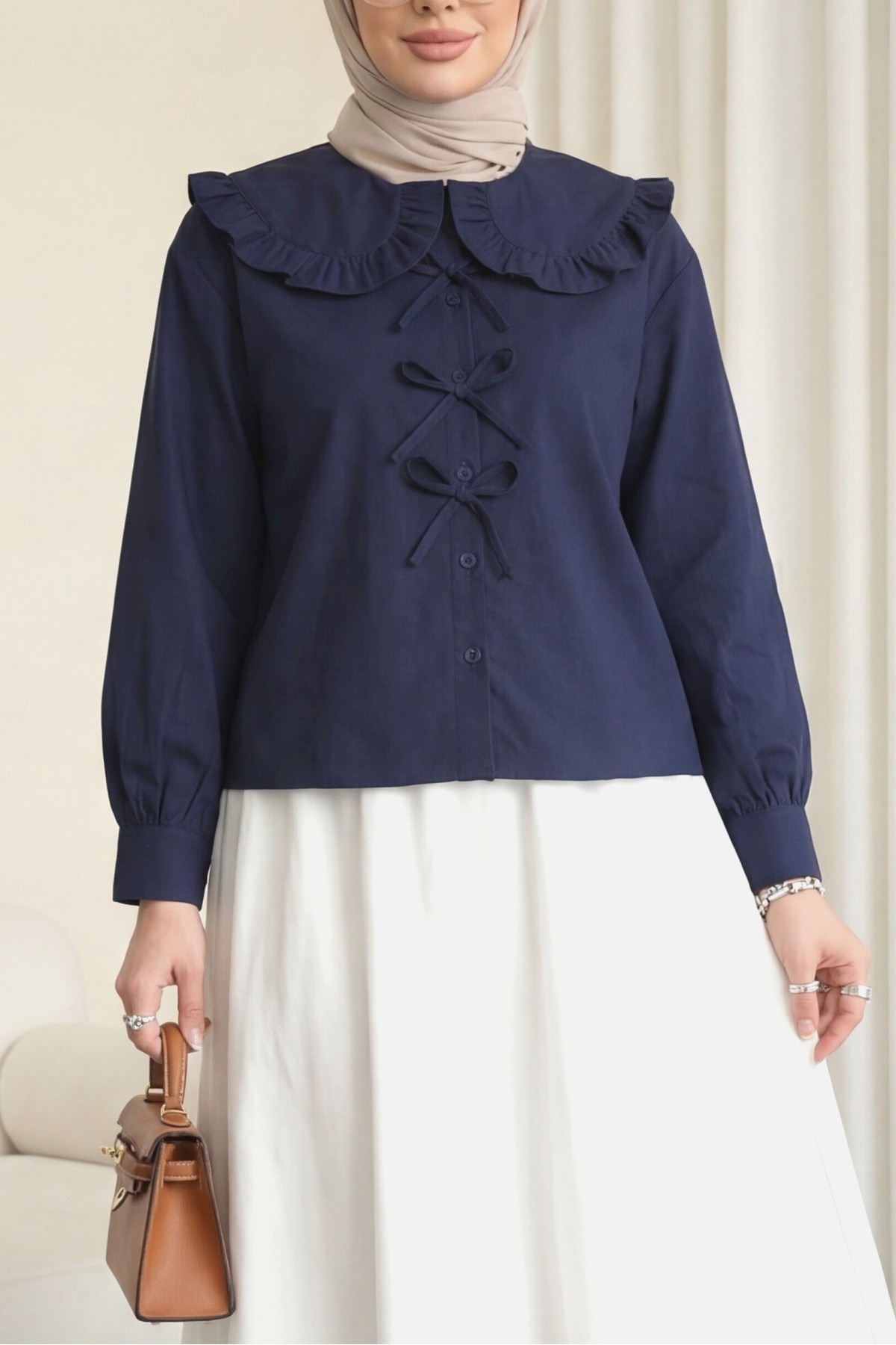 Baby Collar Ribbon Detailed Shirt -Navy blue