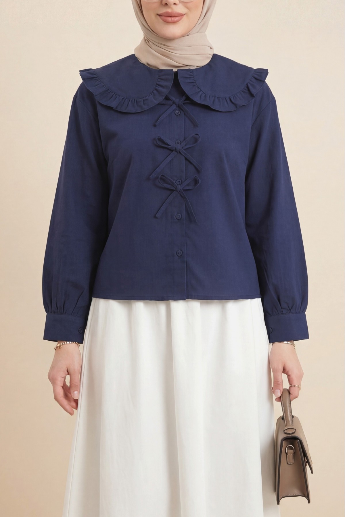 Baby Collar Ribbon Detailed Shirt -Navy blue