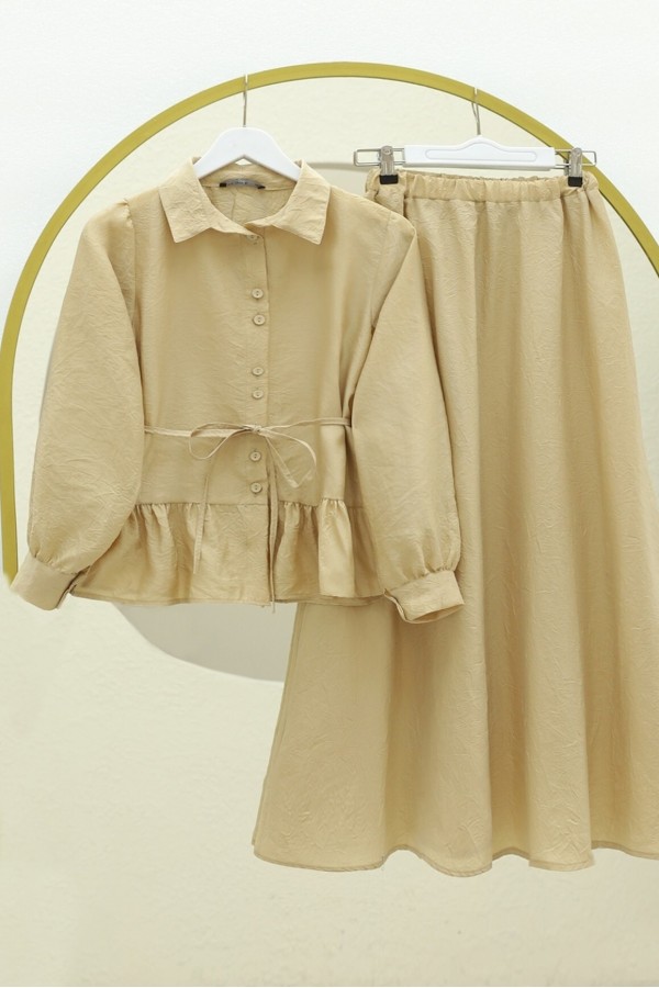 Two Piece Suit with Frilled Skirt and Belt -Light Mink
