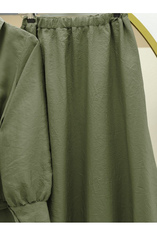Two Piece Suit with Frilled Skirt and Belt -Khaki
