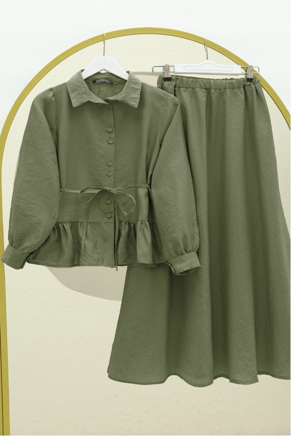 Two Piece Suit with Frilled Skirt and Belt -Khaki
