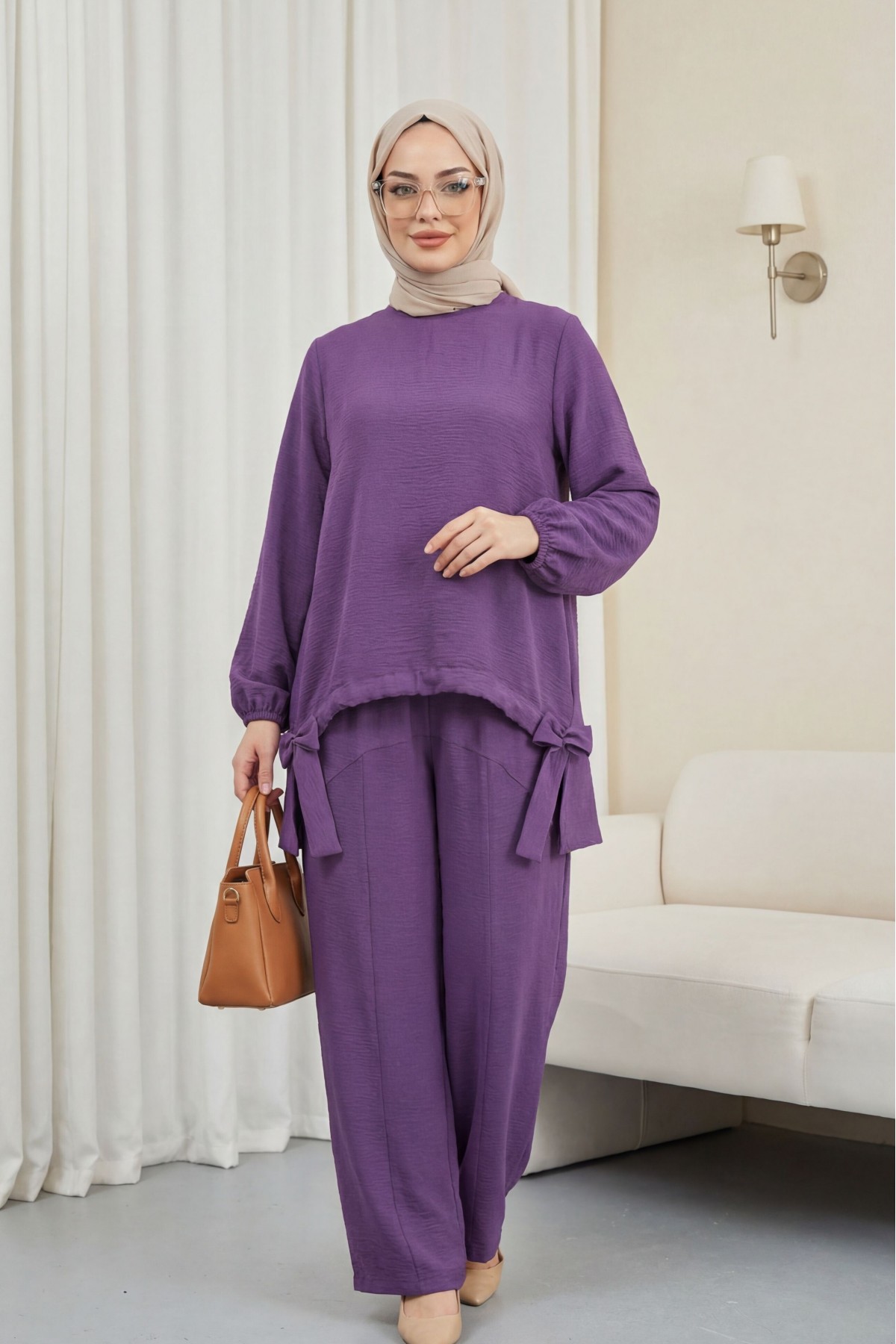Front Gathered Shalwar Trousers Ayrobin Casual Suit    -Lilac