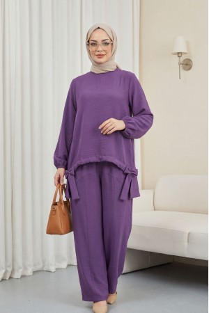 Önden Büzmeli Şalvar Pantolon Ayrobin Salaş Takım   -Lila