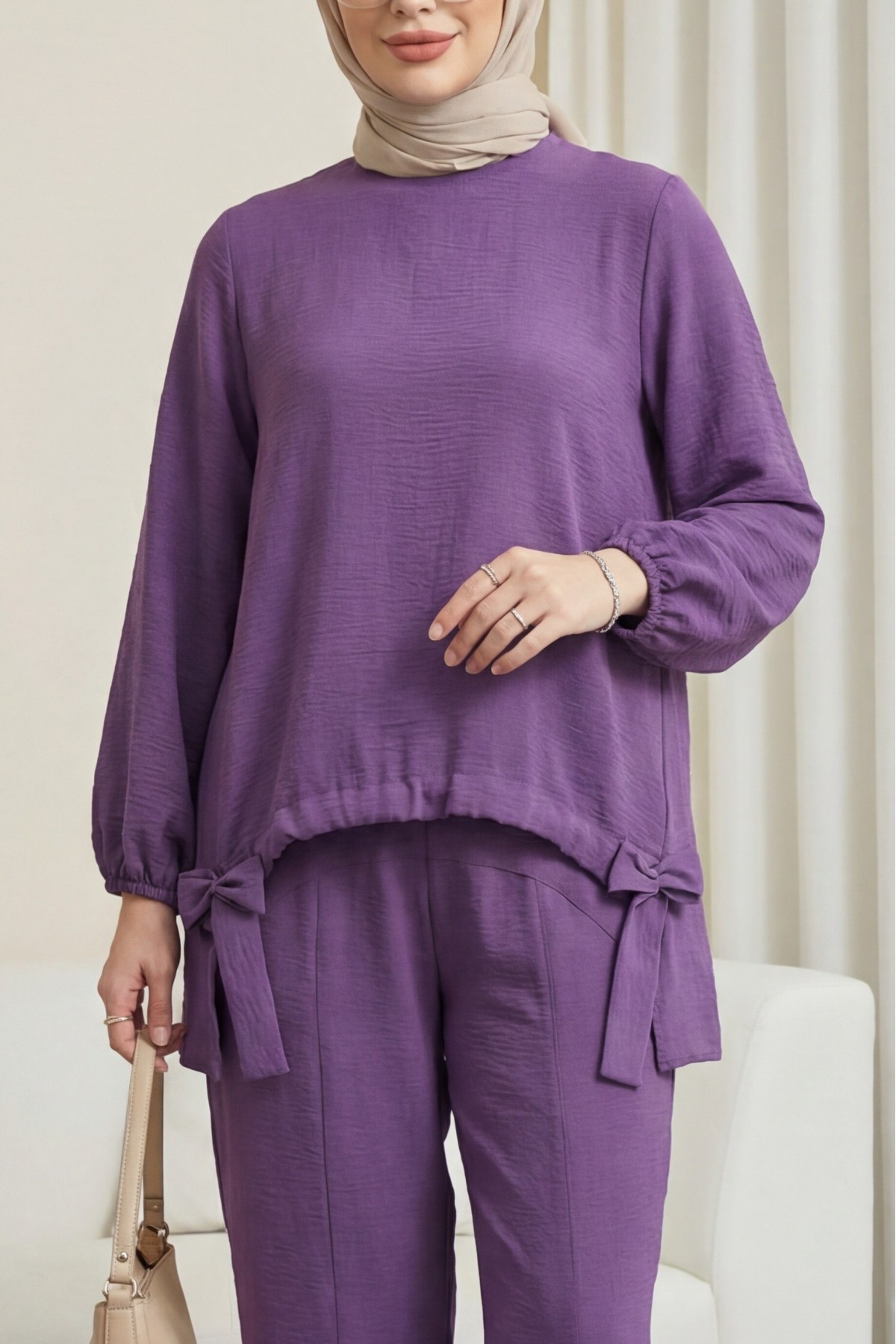 Front Gathered Shalwar Trousers Ayrobin Casual Suit    -Lilac