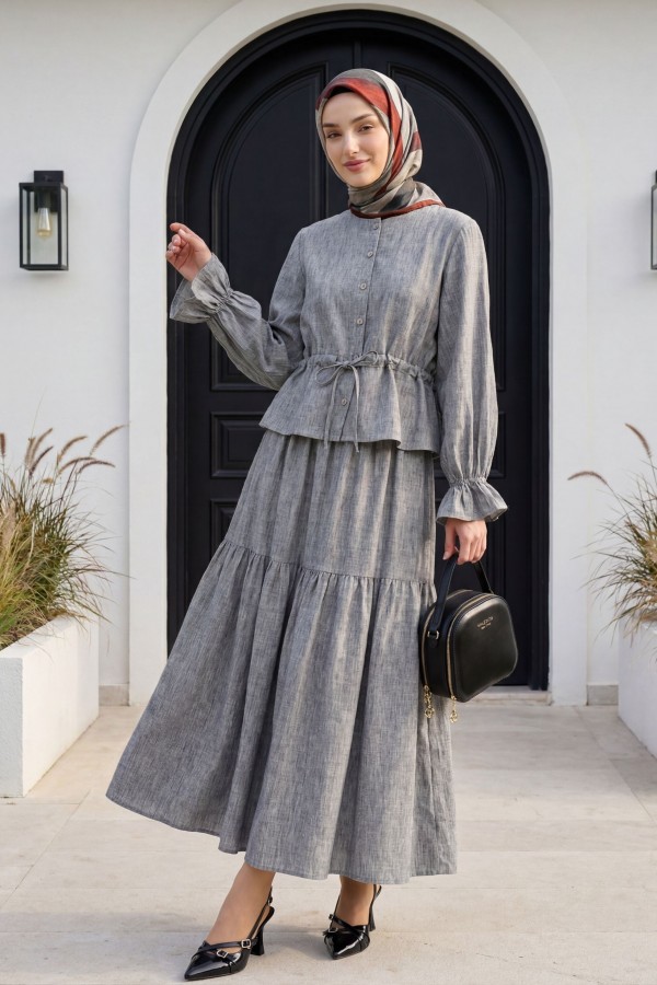 Linen Suit with Buttoned Front and Elasticated Arms and Tunnel Laces -Grey