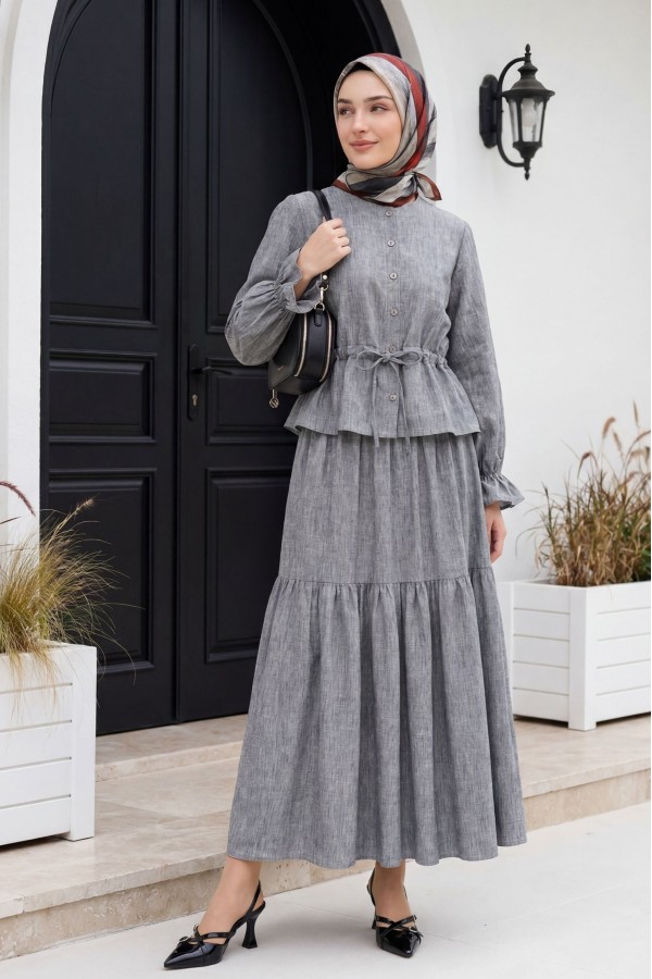 Linen Suit with Buttoned Front and Elasticated Arms and Tunnel Laces -Grey