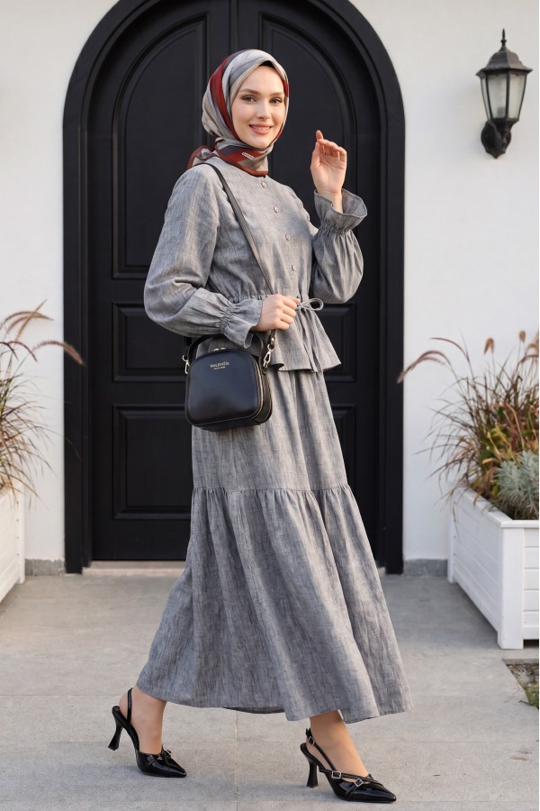 Linen Suit with Buttoned Front and Elasticated Arms and Tunnel Laces -Grey