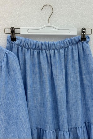 Önü Düğmeli Kolu Lastikli Tünel Bağcıklı Keten Takım -Mavi