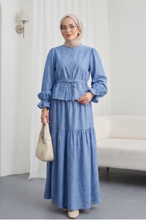 Önü Düğmeli Kolu Lastikli Tünel Bağcıklı Keten Takım -Mavi