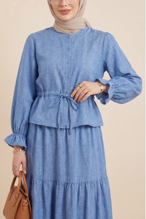 Önü Düğmeli Kolu Lastikli Tünel Bağcıklı Keten Takım -Mavi