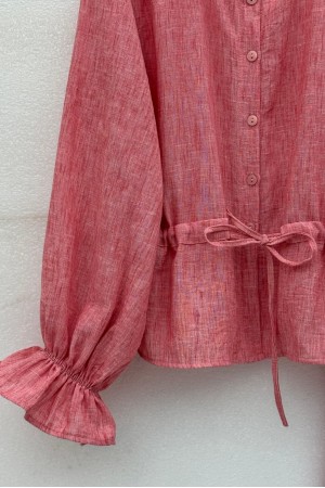 Linen Suit with Buttoned Front and Elasticated Arms and Tunnel Laces -Garnet Color