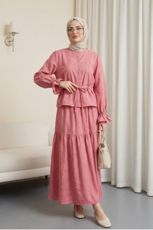 Önü Düğmeli Kolu Lastikli Tünel Bağcıklı Keten Takım -Nar Çiçeği