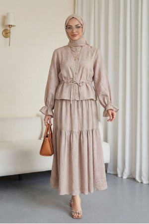 Önü Düğmeli Kolu Lastikli Tünel Bağcıklı Keten Takım -Vizon