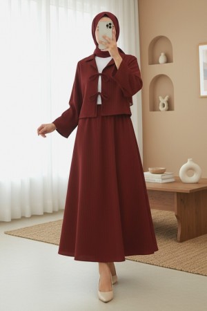 Önü Bağlamalı Etekli Krinkıl Takım  -Bordo