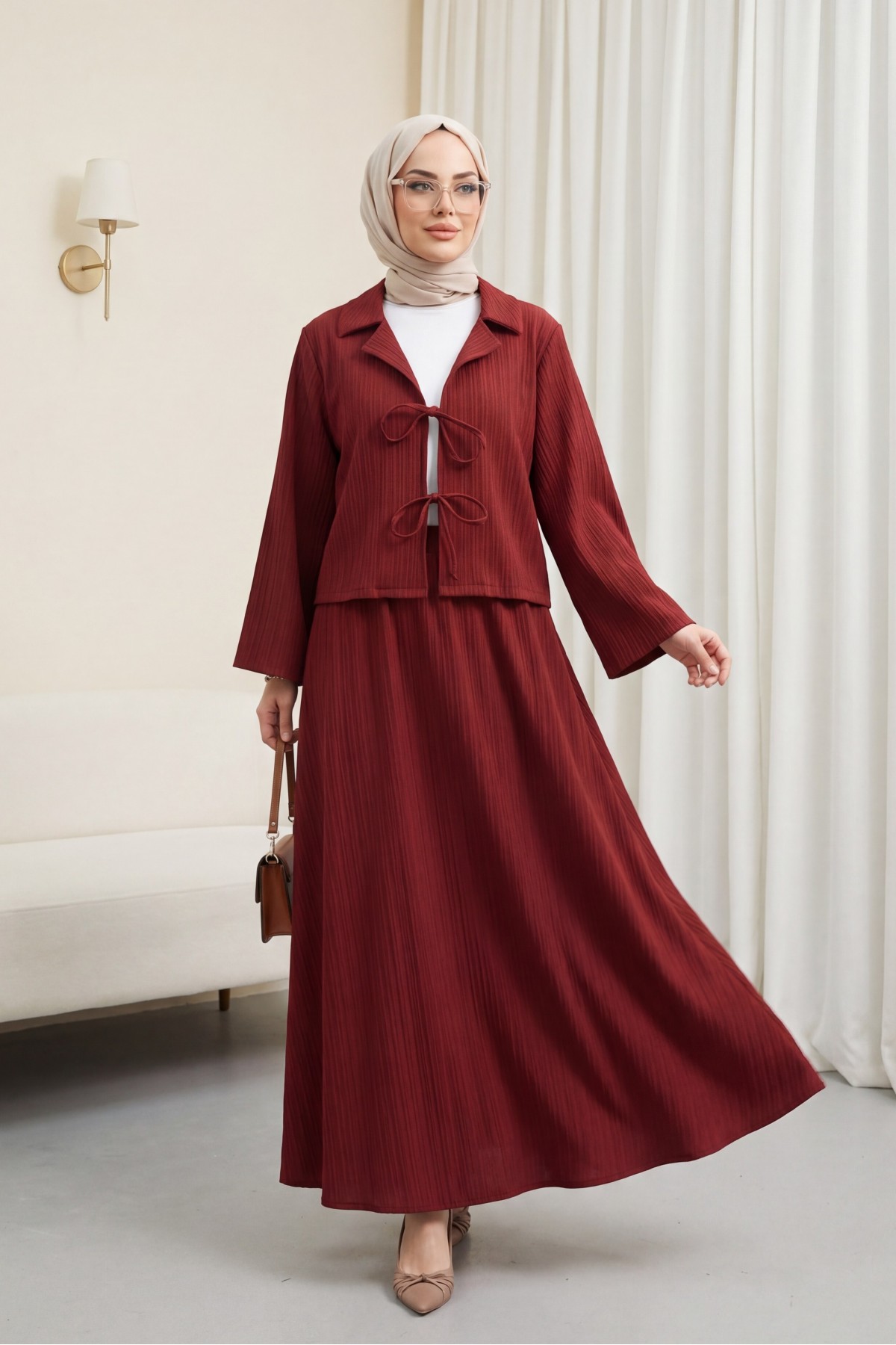 Front Tie Skirted Crinkle Suit -Maroon
