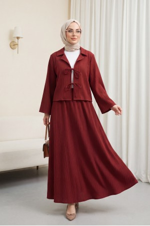 Önü Bağlamalı Etekli Krinkıl Takım  -Bordo