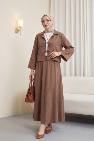 Önü Bağlamalı Etekli Krinkıl Takım  -Kahve