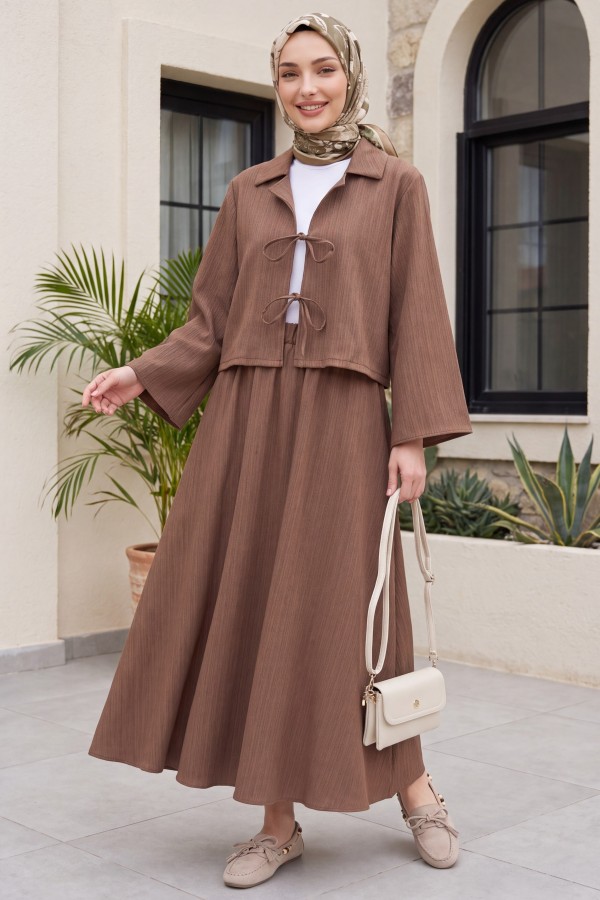 Front Tie Skirted Crinkle Suit -Brown