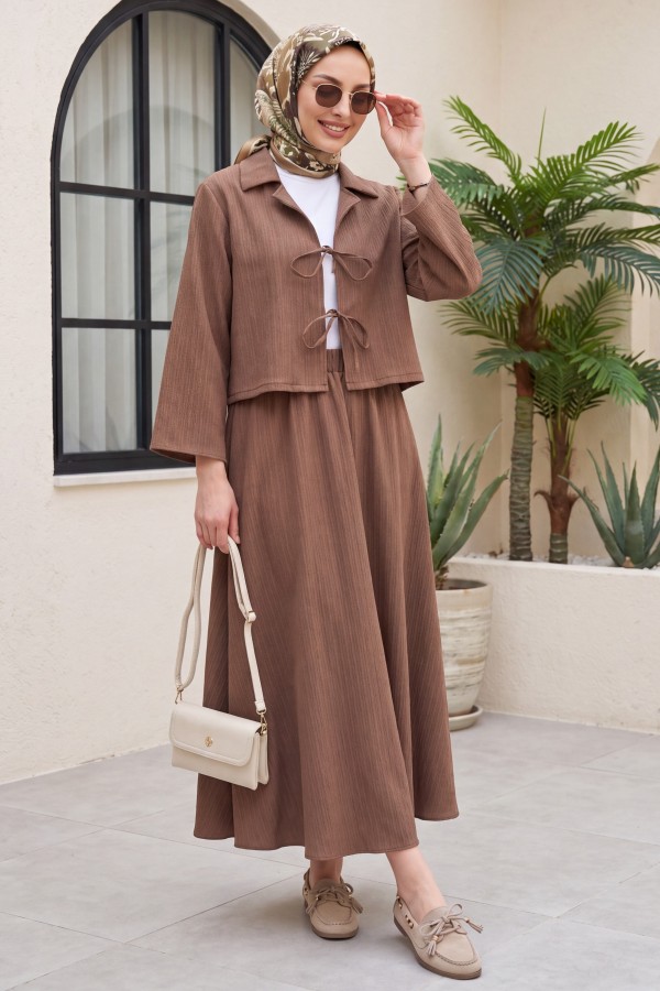 Front Tie Skirted Crinkle Suit -Brown