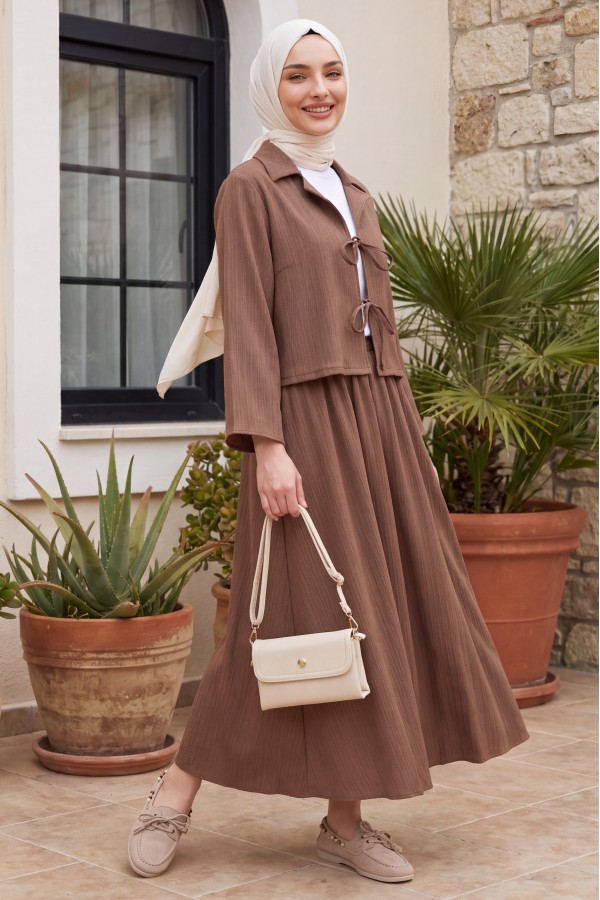 Front Tie Skirted Crinkle Suit -Brown