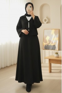 Önü Bağlamalı Etekli Krinkıl Takım  -Siyah