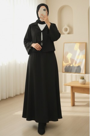 Önü Bağlamalı Etekli Krinkıl Takım  -Siyah