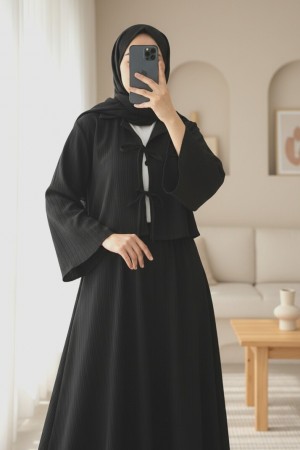 Önü Bağlamalı Etekli Krinkıl Takım  -Siyah