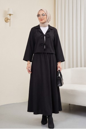 Front Tie Skirted Crinkle Suit -Black