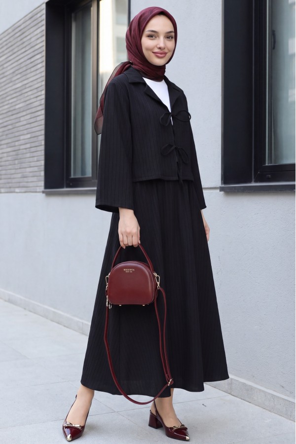 Front Tie Skirted Crinkle Suit -Black