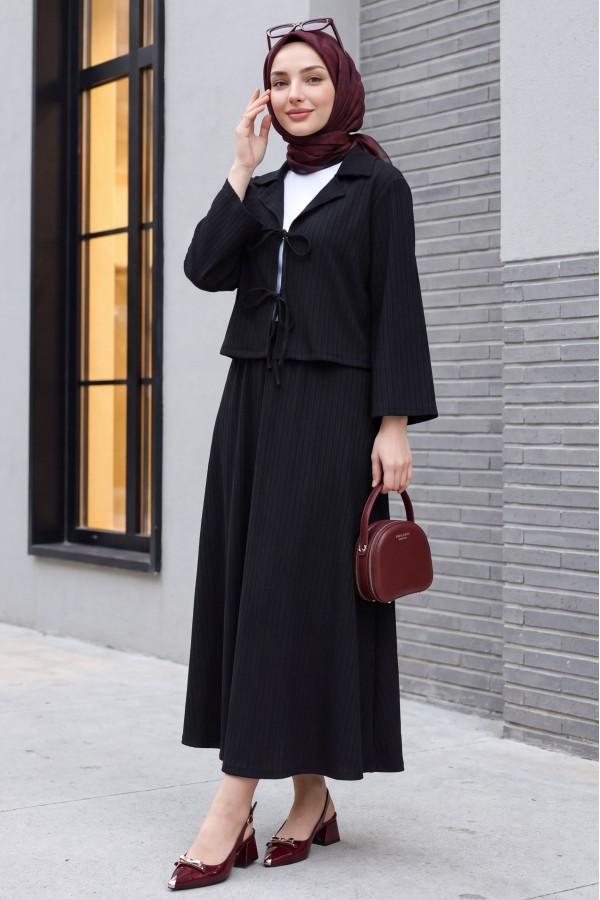 Front Tie Skirted Crinkle Suit -Black
