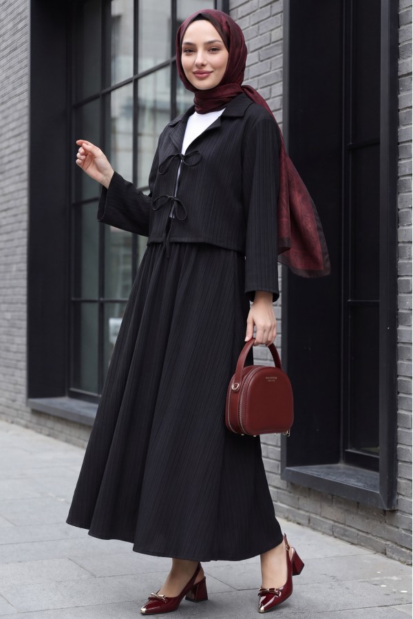 Front Tie Skirted Crinkle Suit -Black