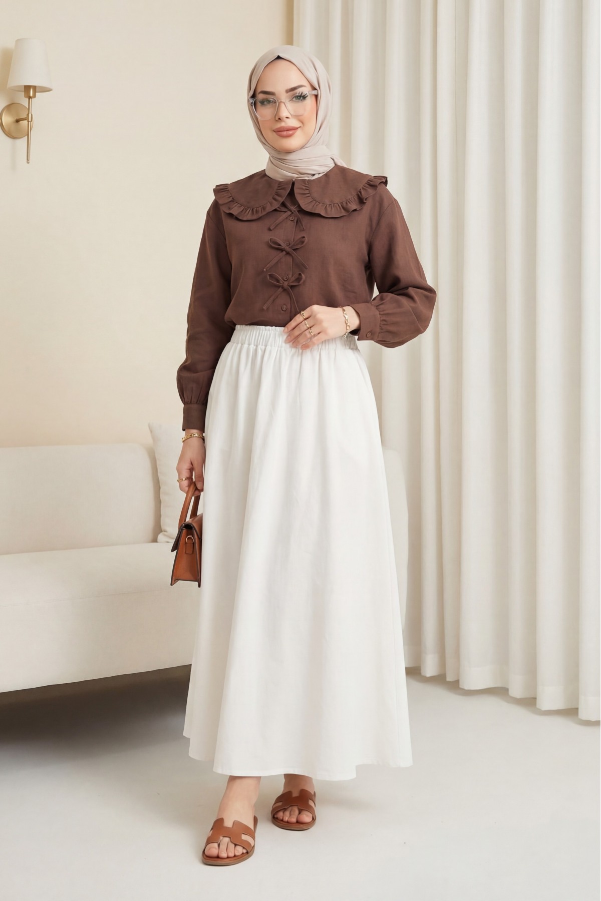 Baby Collar Ribbon Detailed Shirt  -Brown