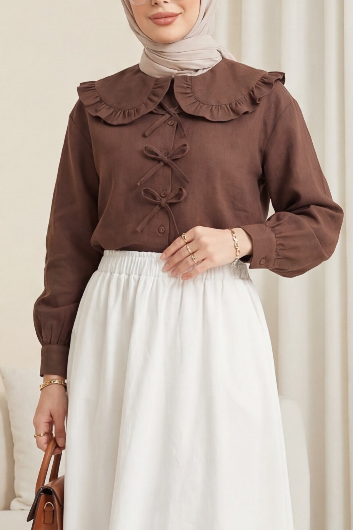 Baby Collar Ribbon Detailed Shirt  -Brown