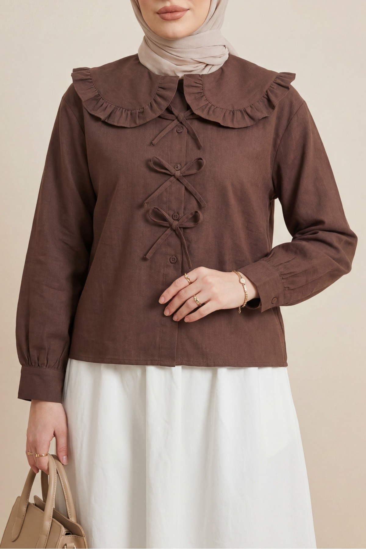 Baby Collar Ribbon Detailed Shirt  -Brown