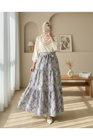 Beli Kemerli Çiçekli Parçalı Etek -Mor