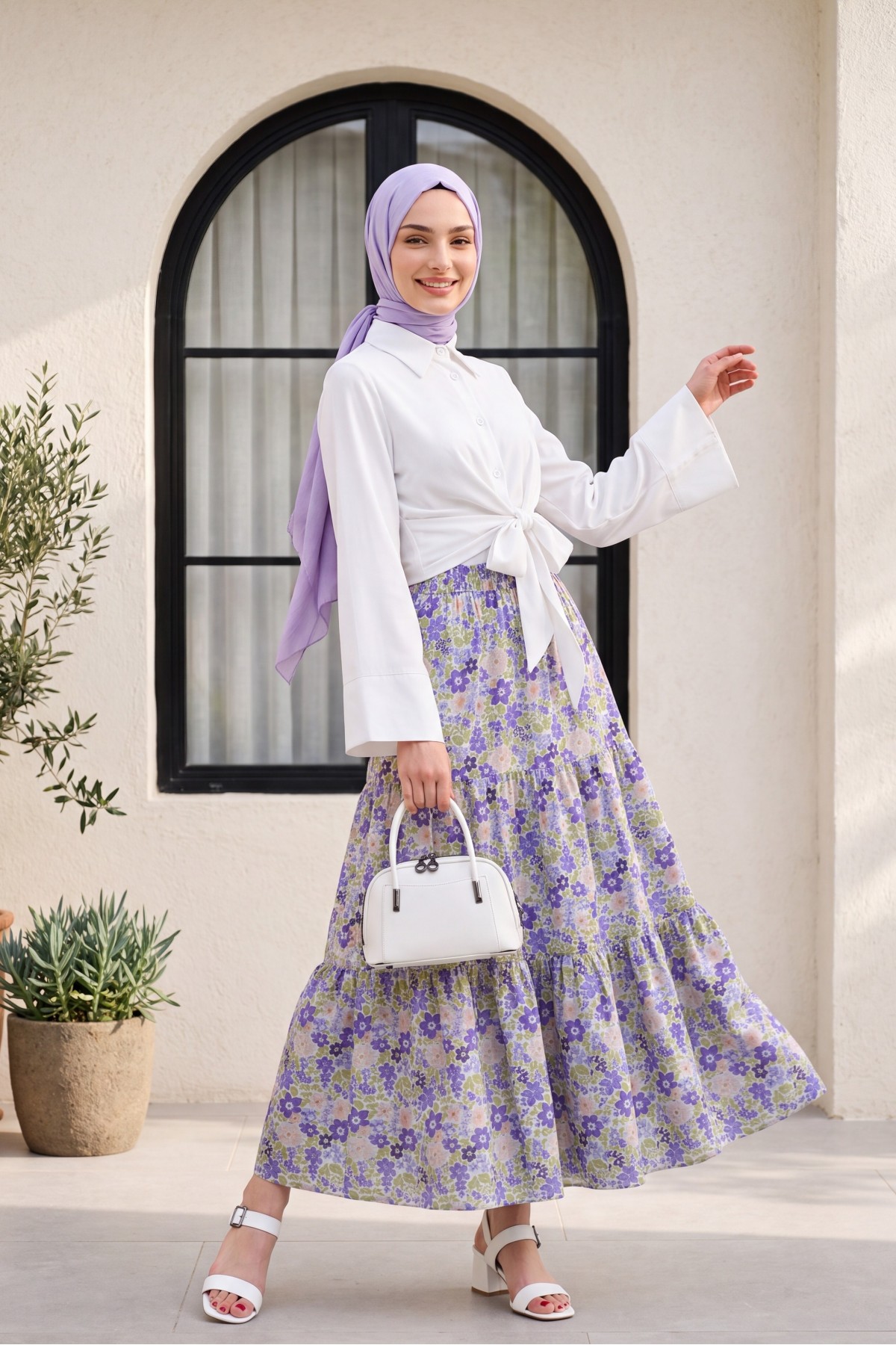 تنورة مزينة بالزهور مع حزام خصر -بنفسجي