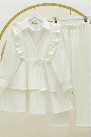 Kimono Set with Frilled Front Laced Skirt and Layered Trousers   -White
