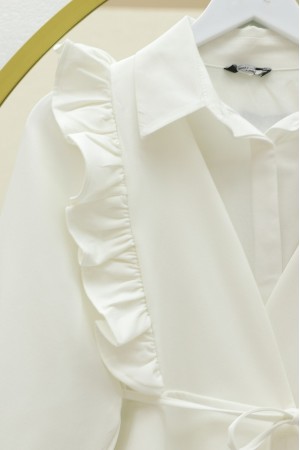 Kimono Set with Frilled Front Laced Skirt and Layered Trousers   -White
