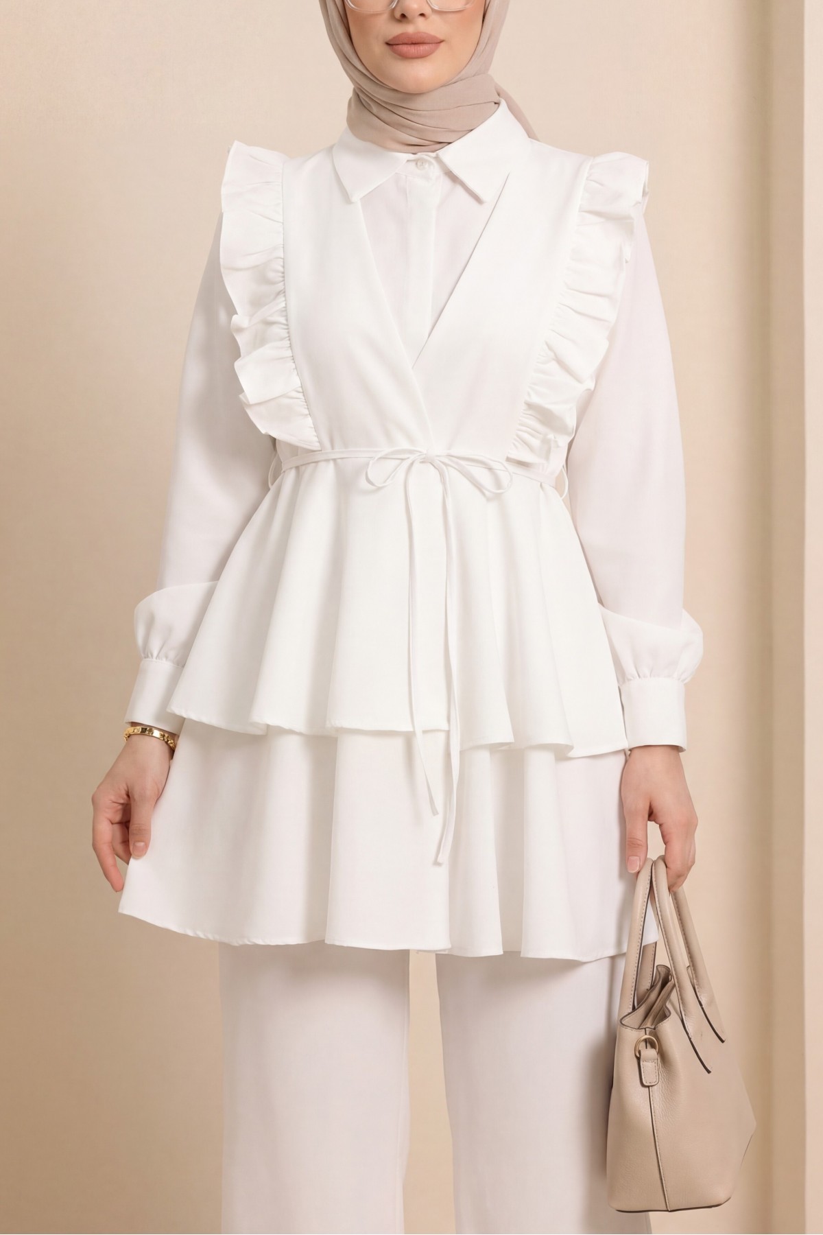 Önü Fırfırlı Bağcıklı Eteği Katlı Pantolonlu Kimono Takım   -Beyaz