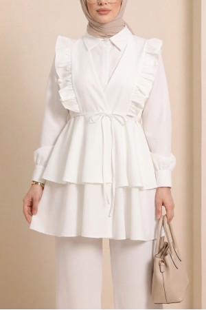 Kimono Set with Frilled Front Laced Skirt and Layered Trousers   -White