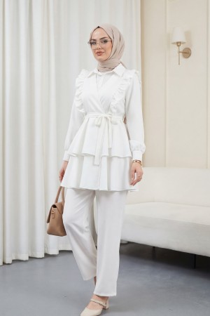 Önü Fırfırlı Bağcıklı Eteği Katlı Pantolonlu Kimono Takım   -Beyaz