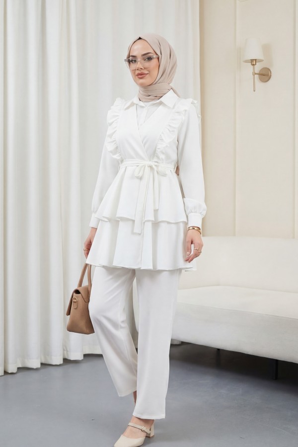 Önü Fırfırlı Bağcıklı Eteği Katlı Pantolonlu Kimono Takım   -Beyaz